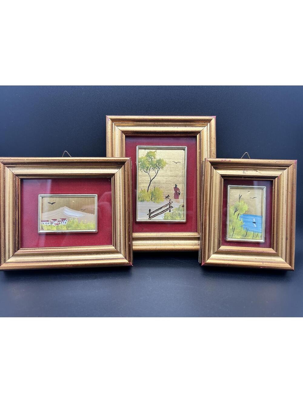 Vintage set of 3 Italian Miniature Framed Art Sterling Silver and 22K gold leaf